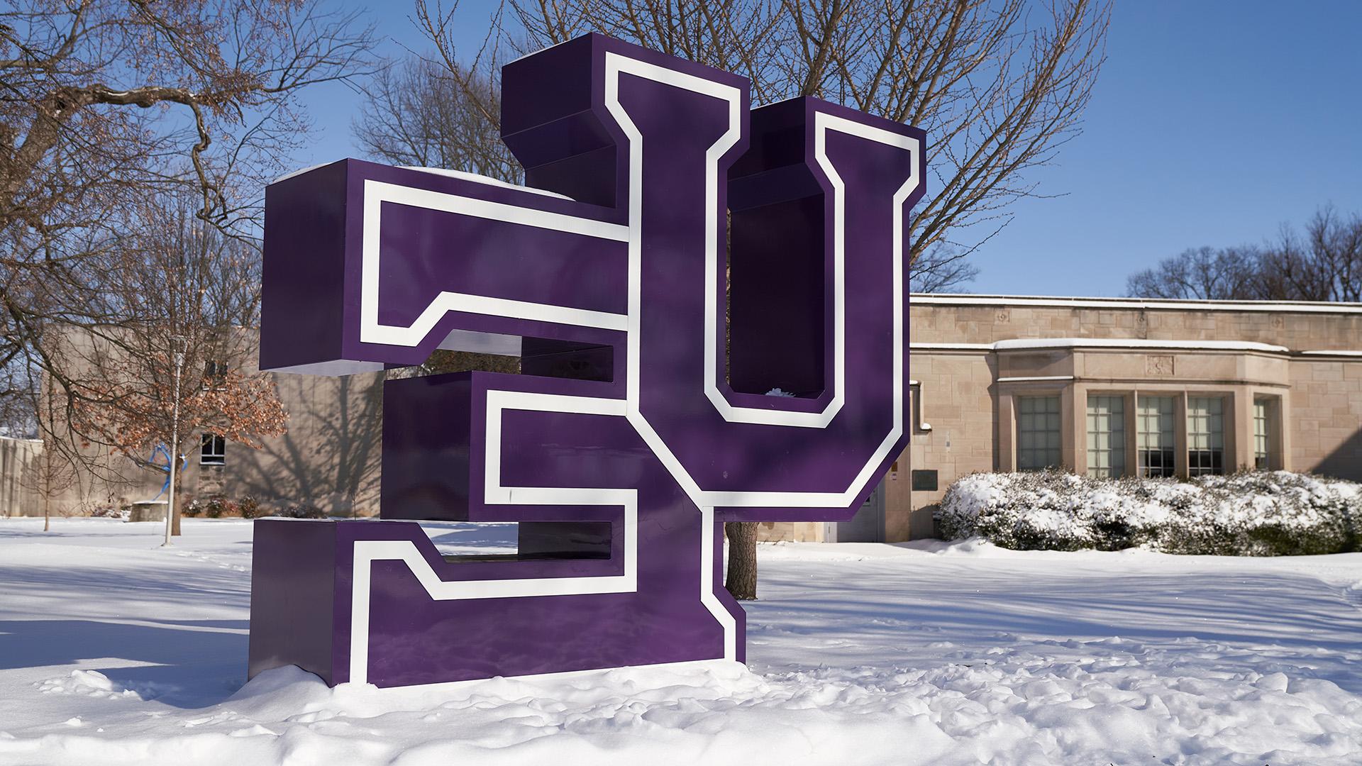 UE sign in snow in Winter